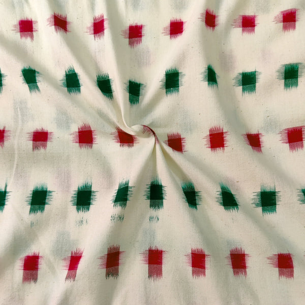 PRE-CUT 1 METER Pure Cotton Double Ikkat Cream With Green Red Squares Weaves Woven Fabric