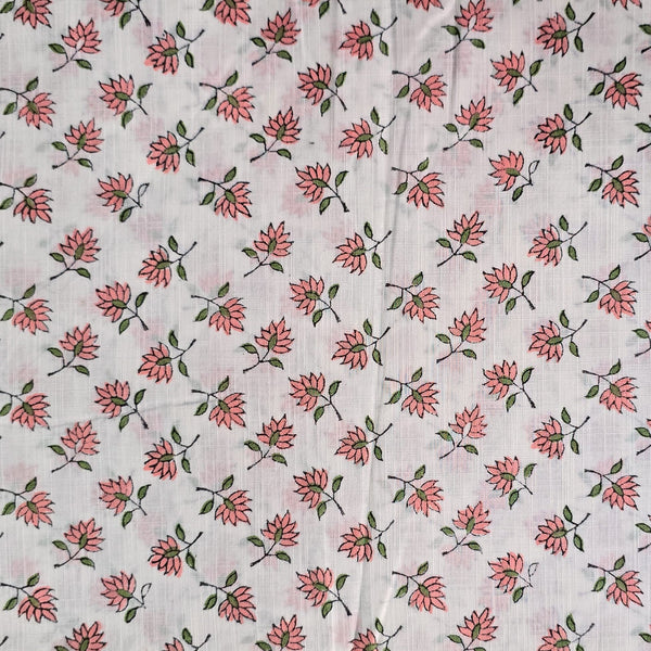 Pure Cotton Flex  Jaipuri White With Peach Flower Motif Hand Block Print Fabric