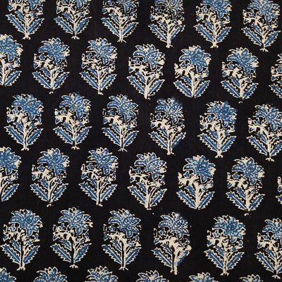 Pure Cotton Gad Ajrak Black With Blue Flower Motif  Hand Block Print Fabric