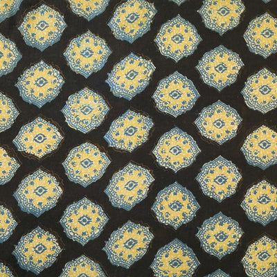 Pure Cotton Gad Ajrak Black With Mustard And Rust Blue Intricate Design Motif Hand Block Print Fabric