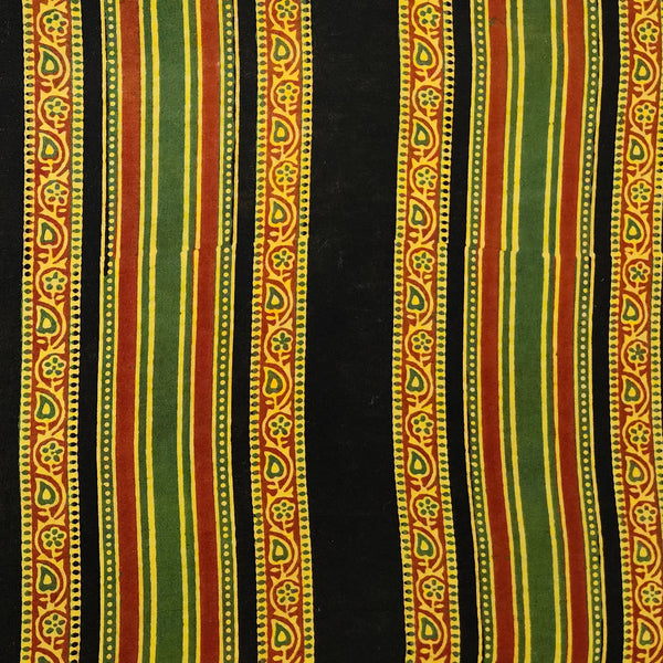 Pure Cotton Gad Ajrak Black With Red And Green Big Intricate Border Stripes Hand Block Print Fabric