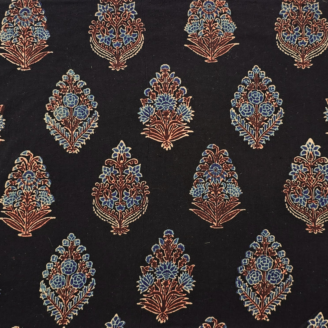 (PRE-CUT 0.90 METER)Pure Cotton Ajrak Blue with Maroon And Black Intri ...