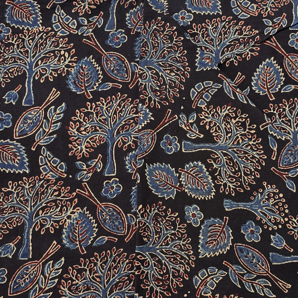(Pre-cut 0.90 meter)Pure Cotton Gad Ajrak Black With Rust Brown And Blue Tree Design Hand Block Print Fabric