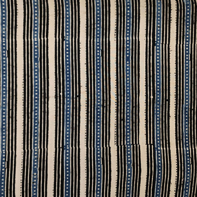 Pure Cotton Gad Ajrak Blue And Cream And Black Stripes Hand Block Print Fabric
