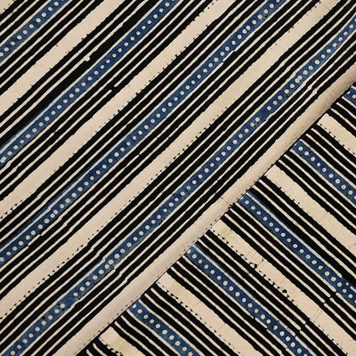 Pure Cotton Gad Ajrak Blue And Cream And Black Stripes Hand Block Print Fabric