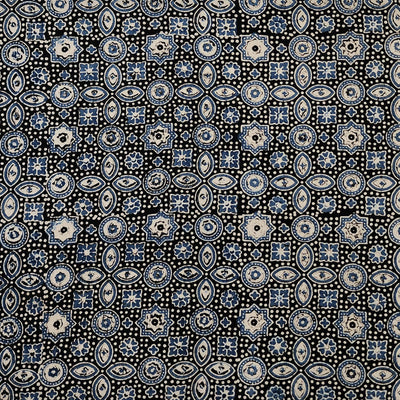 Pure Cotton Gad Ajrak Blue And Off White Small Circle With Plus Hand Block Print Fabric
