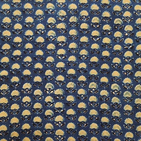 Pure Cotton Gad Ajrak Blue With Green Flower Motif Hand Block Print Fabric