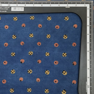 Pure Cotton Gad Ajrak Blue With Light Orange And Black Dots Hand Block Print Fabric