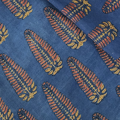 Pure Cotton Gad Ajrak Blue With Light Orange Big Leaves Hand Block Print Fabric