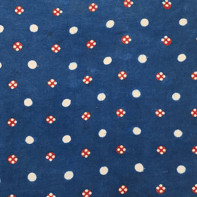 Pure Cotton Gad Ajrak Blue With Red And White  Black Dots Hand Block Print Fabric