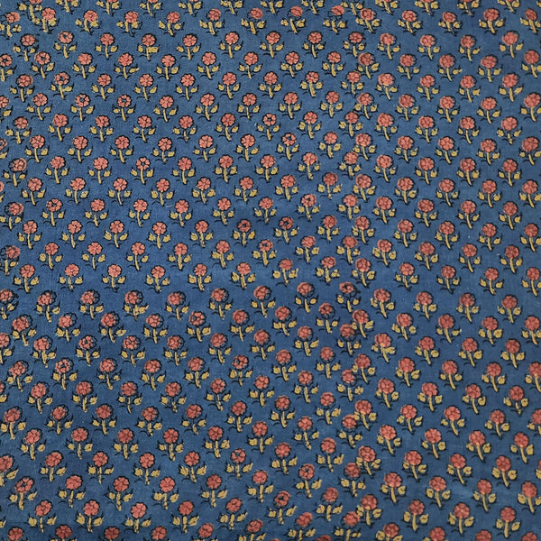 Pure Cotton Gad Ajrak Blue With Red Tiny Flower Buds Hand Block Print Fabric