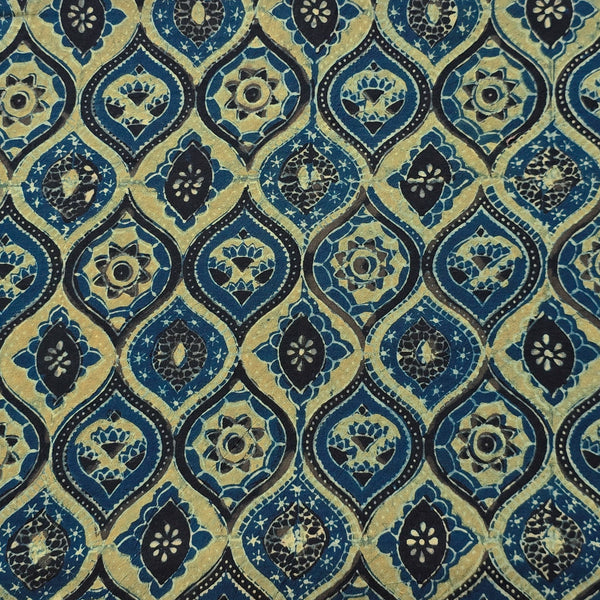 Pure Cotton Gad Ajrak Mustard  And Rust Blue Intericate Jaal Hand Block Print Fabric