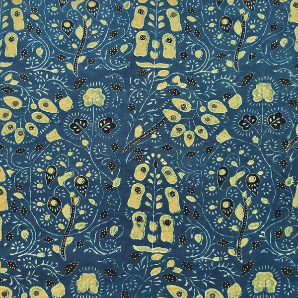 Pure Cotton Gad Ajrak Blue With  Sandy Brown Intricate Flower Garden Hand Block Print Fabric