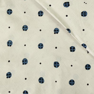 Pure Cotton Gad Ajrak Cream With Blue And Black Dots Hand Block Print Fabric