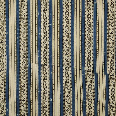 Pure Cotton Gad Ajrak Cream With Blue Intricate Design Border Hand Block Print Fabric