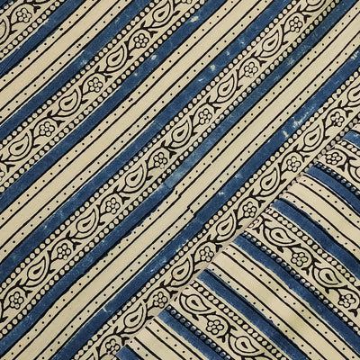 Pure Cotton Gad Ajrak Cream With Blue Intricate Design Border Hand Block Print Fabric