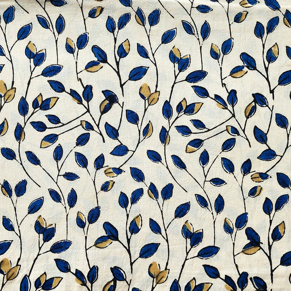 ( PRE-CUT 1.53 METER ) Pure Cotton Gad Ajrak Cream With Blue Leaves Creeper Hand Block Print Fabric
