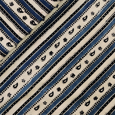 Pure Cotton Gad Ajrak Off White With Black And Blue Intricate Design Border Hand Block Print Fabric