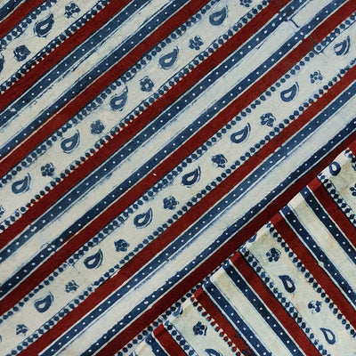 Pure Cotton Gad Ajrak Off White With Red And Blue Intricate Design Border Hand Block Print Fabric
