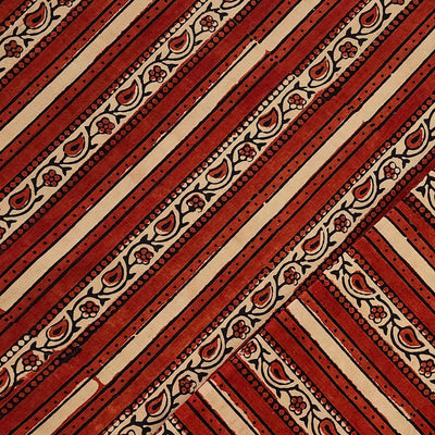 Pure Cotton Gad Ajrak Red And Cream  Intricate Design Border Hand Block Print Fabric
