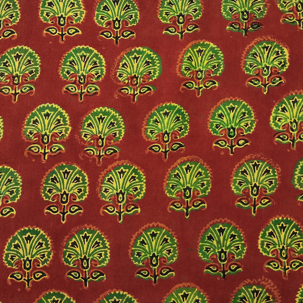 Pure Cotton Gad Ajrak Rust Red With Green Flower  Motif Hand Block Print Fabric