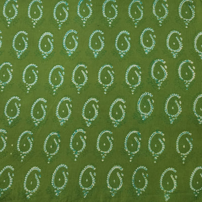 Pure Cotton Gamathi Green With White Kairi Hand Block Print Fabric