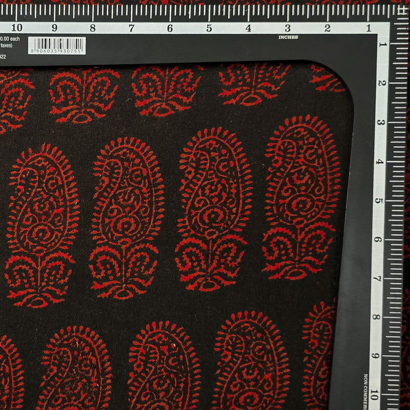 Pure Cotton Gamthi Black With Red Big Fat Kairi Design Hand Block Print Fabric