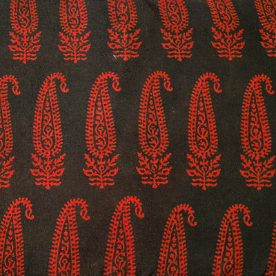 Pure Cotton Gamthi Black With Red Big Kairi Design Hand Block Print Fabric
