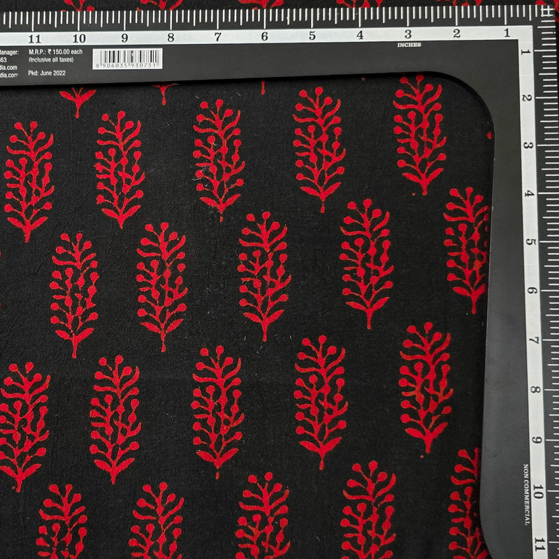 Pure Cotton Gamthi Black With Red Motif Hand Block Print Fabric
