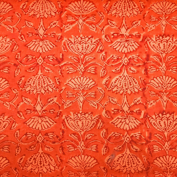 Pure Cotton  Gamthi Candy Orange With Intricate Flower Jaal Hand Block Print Fabric