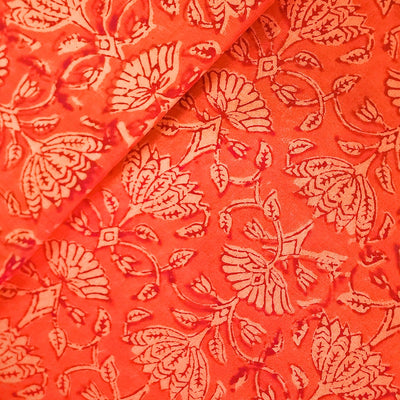 ( Pre-Cut 1.15 Meter ) Pure Cotton  Gamthi Candy Orange With Intricate Flower Jaal Hand Block Print Fabric
