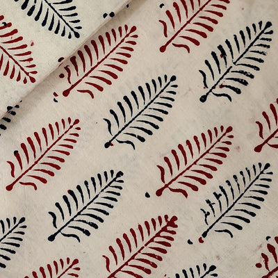 (Pre-Cut 0.90 Meter ) Pure Cotton Gamthi Cream With Red And Black Leaves Motifs  Hand Block Print Fabric