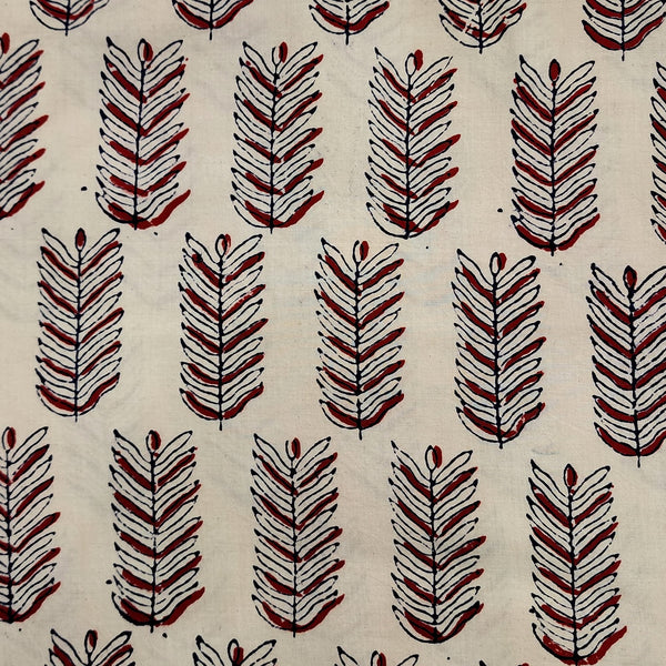 Pure Cotton Gamthi Cream With Red Feather Motif Hand Block Print Fabric