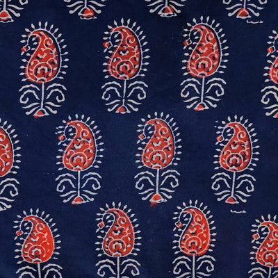 Pure Cotton Gamthi Deep Navy Blue Cream With Rust Mahindi Kairi Motif Hand Block Print Fabric