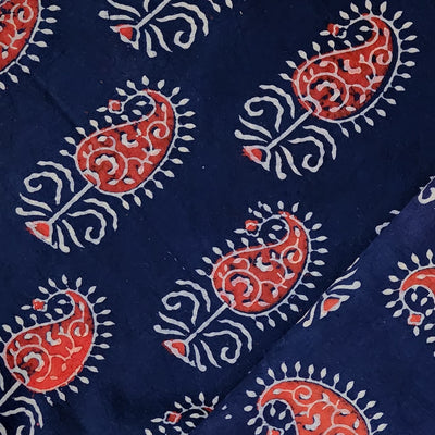Pure Cotton Gamthi Deep Navy Blue Cream With Rust Mahindi Kairi Motif Hand Block Print Fabric