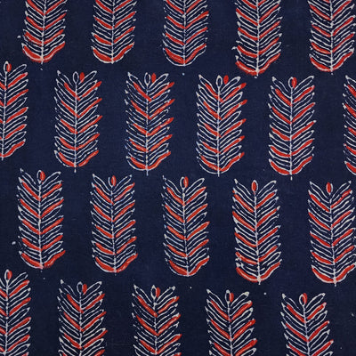 Pure Cotton Gamthi Deep Navy Blue With Red Feather Motif Hand Block Print Fabric