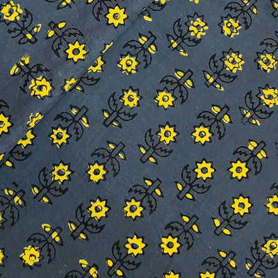 Pure Cotton Gamthi Grey With Yellow Up And Down Flower Motif Hand Block Print Fabric