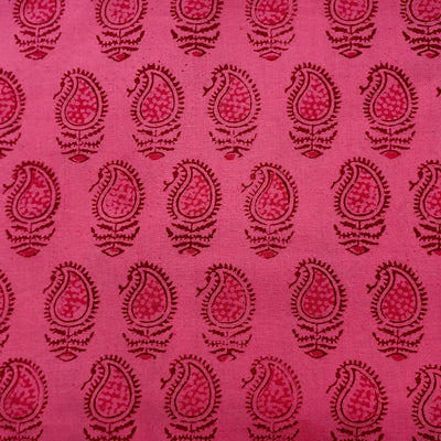 (  Pre-Cut 1 meter ) Pure Cotton Gamthi Light Pink With Dark Pink Kairi Motif Hand Block Print Fabric