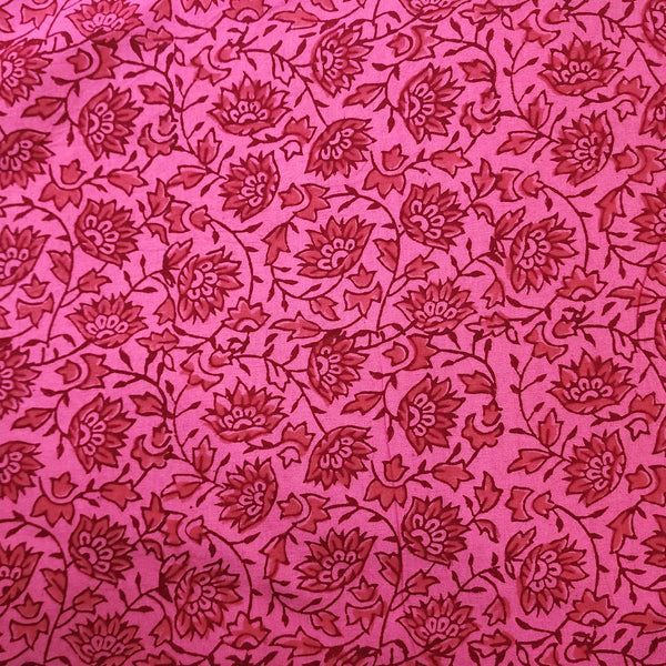 ( Pre-Cut 1 Meter ) Pure Cotton Gamthi Light Pink With Intricate Flower Jaal Hand Block Print Fabric