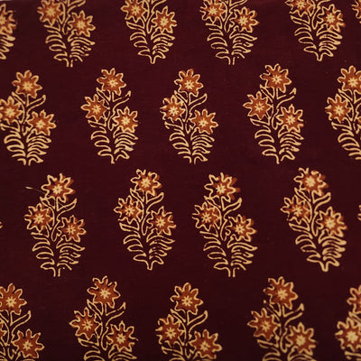 PRE-CUT 1.5 METER Pure Cotton Gamthi Maroon With Orange And Cream Plant Hand Block Print Fabric