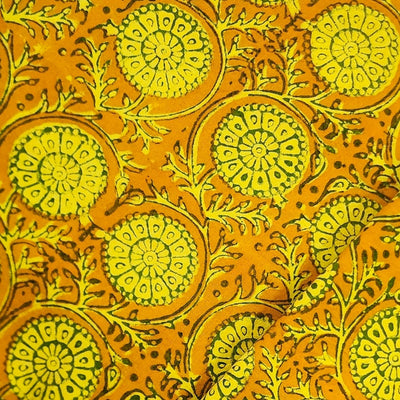 Pure Cotton Gamthi Mustard With Yellow Flower Jaal Hand Block Print Fabric
