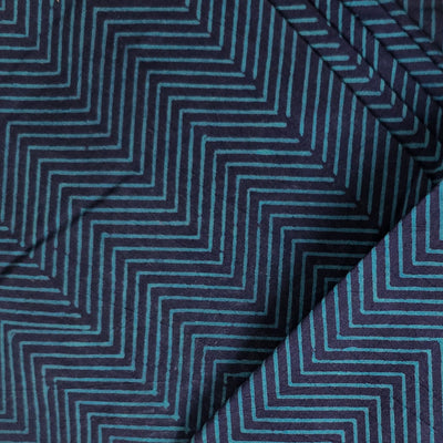 Pure Cotton Gamthi Navy Blue With Blue  Zig-Zag  Hand Block Print Fabric