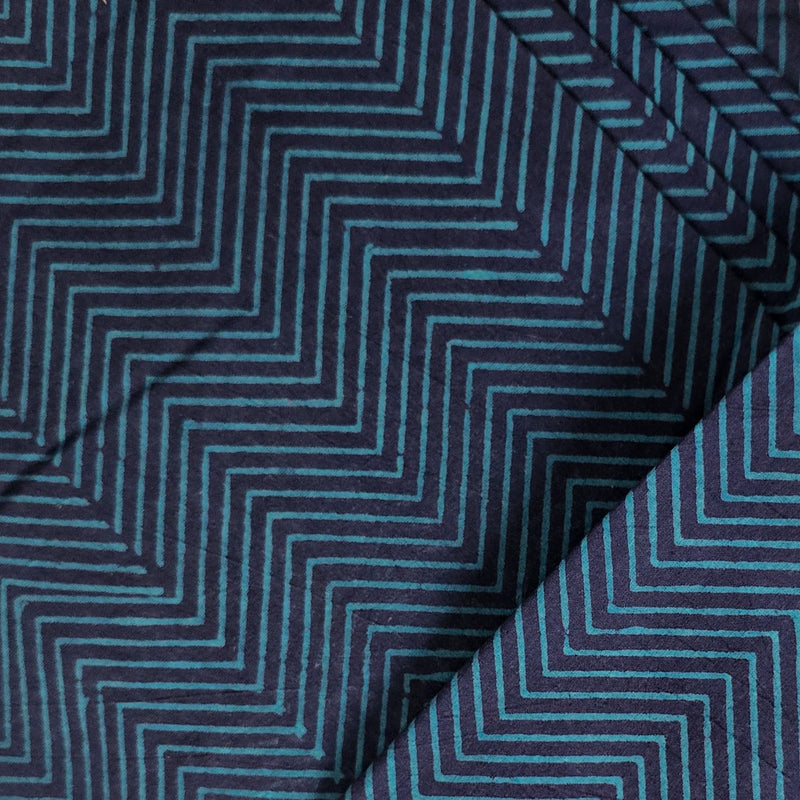Pure Cotton Gamthi Navy Blue With Blue  Zig-Zag  Hand Block Print Fabric