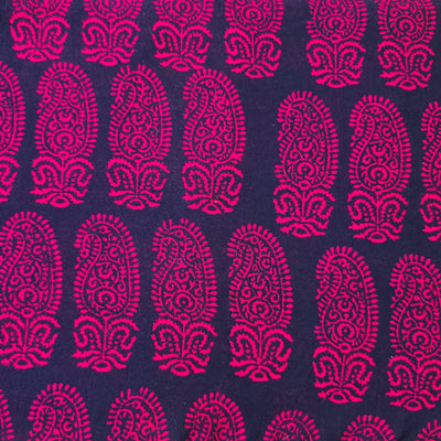 Pure Cotton Gamthi Navy Blue With Pink Big Fat Kairi Design Hand Block Print Fabric