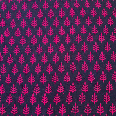 Pure Cotton Gamthi Navy Blue With Pink Leaves Motif Hand Block Print Fabric