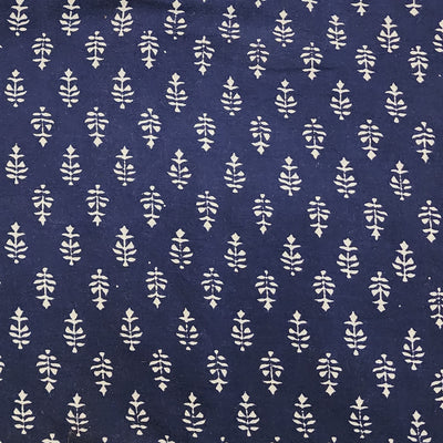 Pure Cotton Gamthi Navy Blue With White Flower  Motif  Hand Block Print Fabric