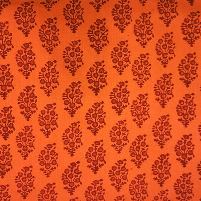 Pure Cotton Gamthi Orange With Intricate Orange Flower Motif Hand Block Print Fabric