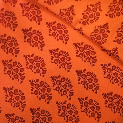 Pure Cotton Gamthi Orange With Intricate Orange Flower Motif Hand Block Print Fabric