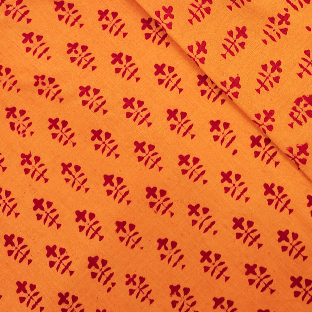 Pure Cotton Gamthi Orange With Maroon Tiny Flower Motif Hand Block Pri ...