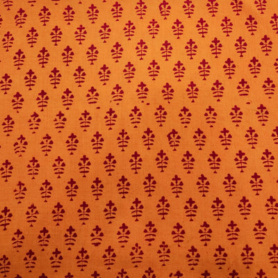 Pure Cotton Gamthi Orange With Maroon Tiny Flower Motif Hand Block Print Fabric